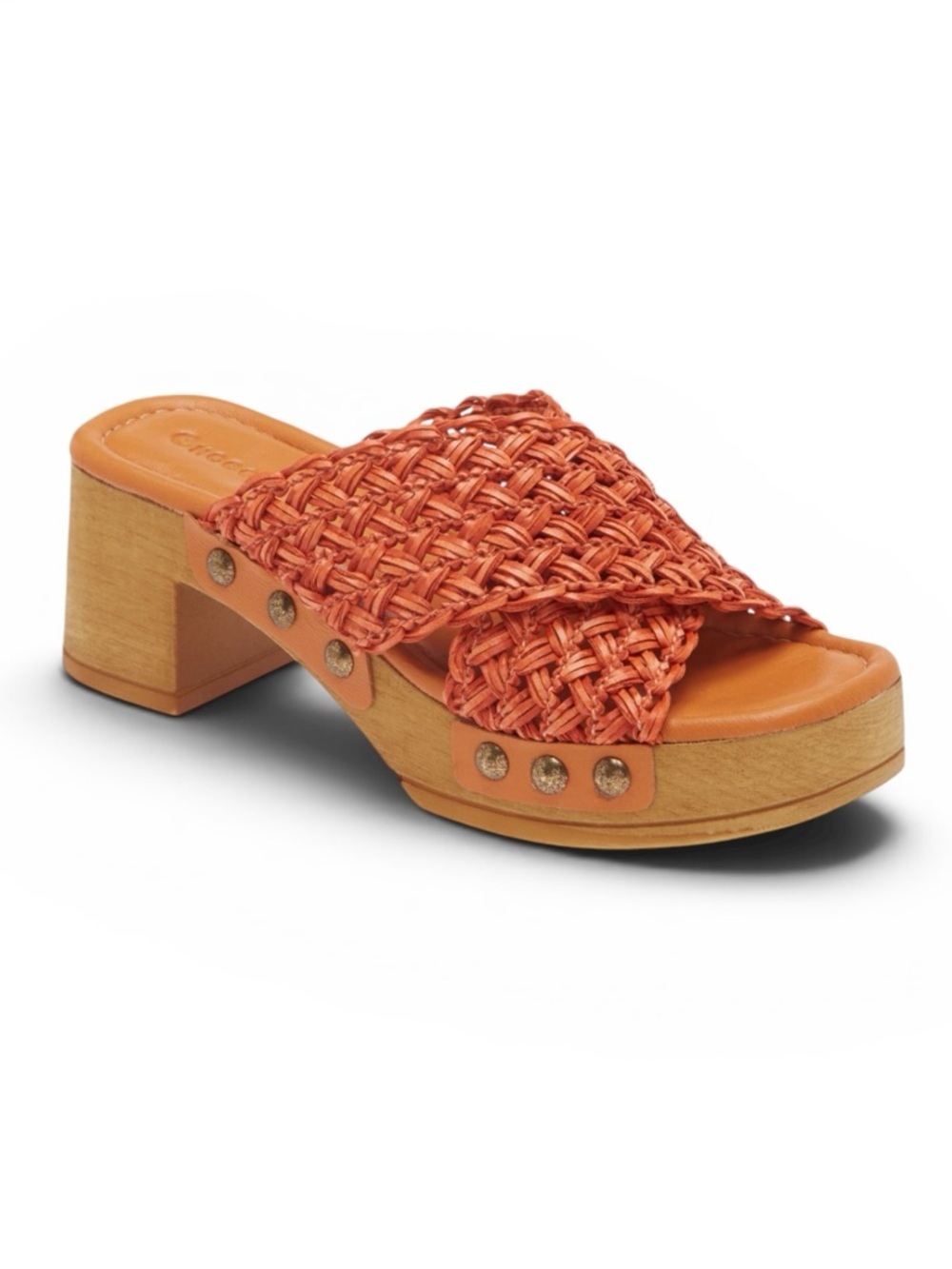CHOCOLAT BLU DAWN ORANGE RAFFIA WOVEN STUDDED WOOD PLATFORM SLIDE SANDAL